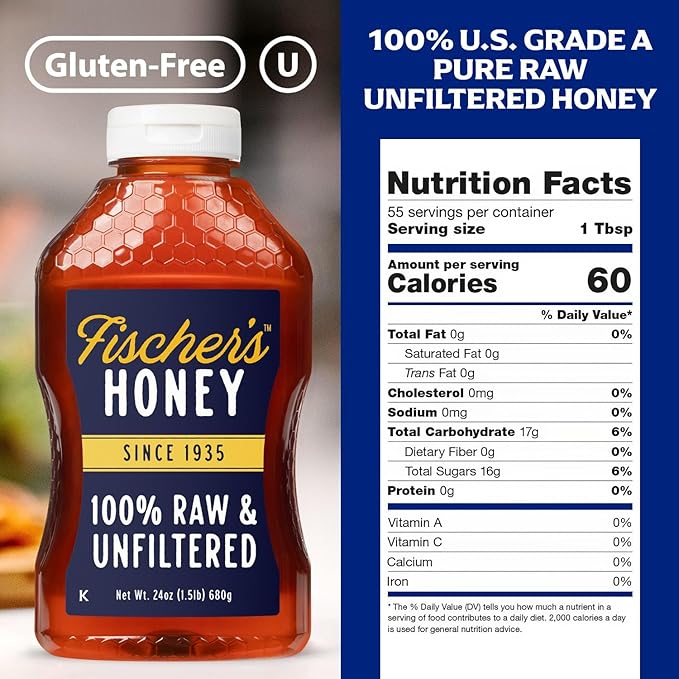 Fischer's 100% Pure Raw &amp Unfiltered Honey 24 oz – All-Natural Sweetener – Rich Flavor Profile Packed with Nutrients