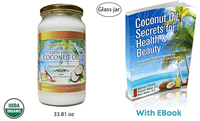 Coconut Country Living's Extra Virgin Coconut Oil in Glass Jar- Cold Pressed Unrefined organic Superfood for Hair Skin Beauty Cooking - Keto &amp Paleo Diet Friendly - 33.81 oz