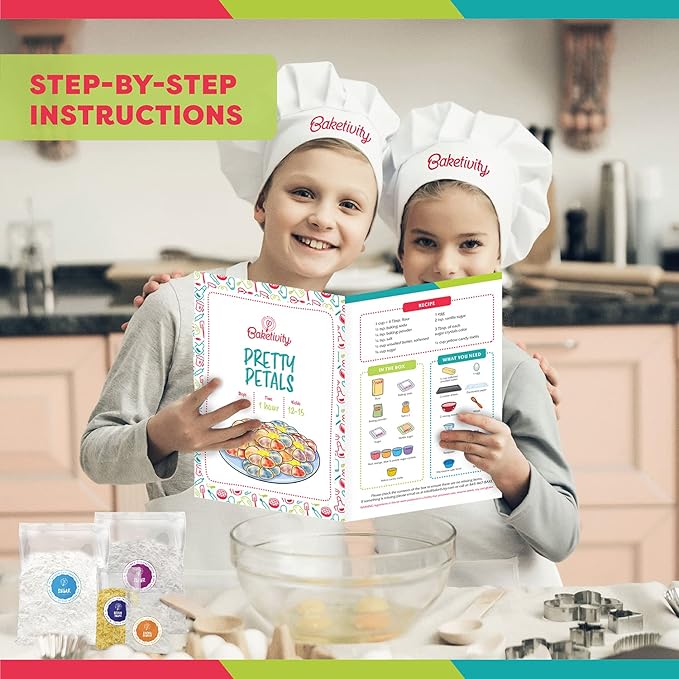Baketivity Kids Baking Set Meal Cooking Party Supply Kit for Teens Real Fun Little Junior Chef Essential Kitchen Lessons Includes Pre-Measured Ingredients (Kit +Hat &amp Apron Pretty Petals)