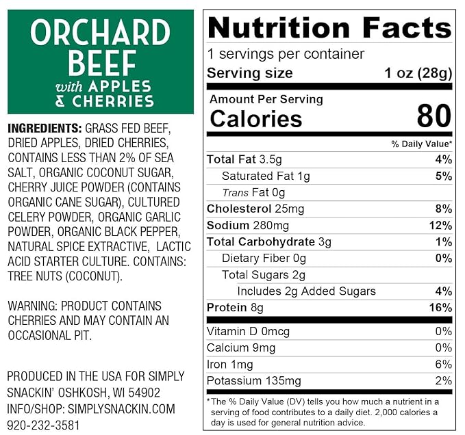 Simply Snackin' - Dried Grass Fed Beef Snacks High Protein Low Calorie Low Sugar Low Carb Low Fat Gluten Free 20 Serving Pack (Orchard Beef with Apples &amp Cherries)
