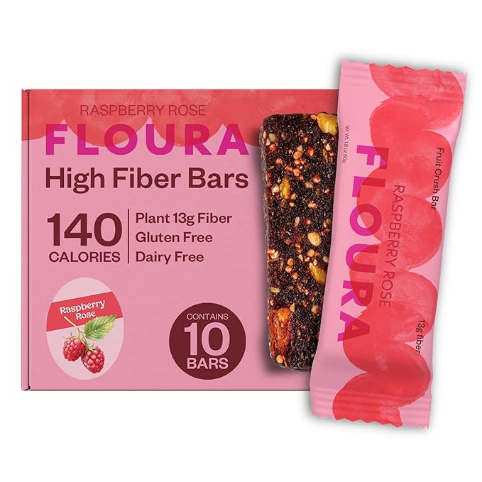 Floura Raspberry Rose Fruit-Forward Fiber Bars– High Fiber Vegan Gluten &amp Dairy Free Low Calorie Healthy Snack Bars with Upcycled Produce for Gut Health [10 Pack]