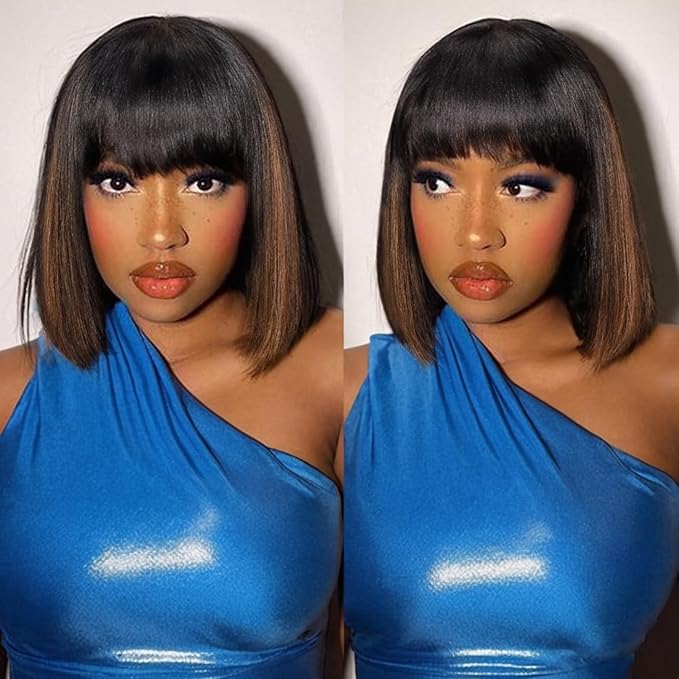 Bob Wig with Bangs Human Hair Glueless HD Lace Straight Short Bob Wig with Brown Highlights Ready to Go Short Wigs For Women （10 Inch bob wig）