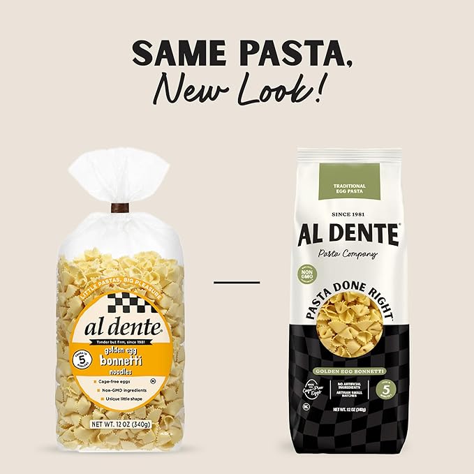 Al Dente Golden Egg Bonnetti – All-Natural Hand-Crafted Egg Pasta. Traditional Pasta Noodles Made with Cage-Free Eggs and Semolina. Great for Pastas Soups Stews. 12oz Bags (Pack of 6)