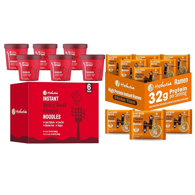 Hethstia Spicy Beef Pho &amp Chicken High Protein Ramen Cup – Instant Vegan Shirataki Soup + 32g Plant Protein – 6 Beef Pho Cups + 6 Chicken Ramen Cups