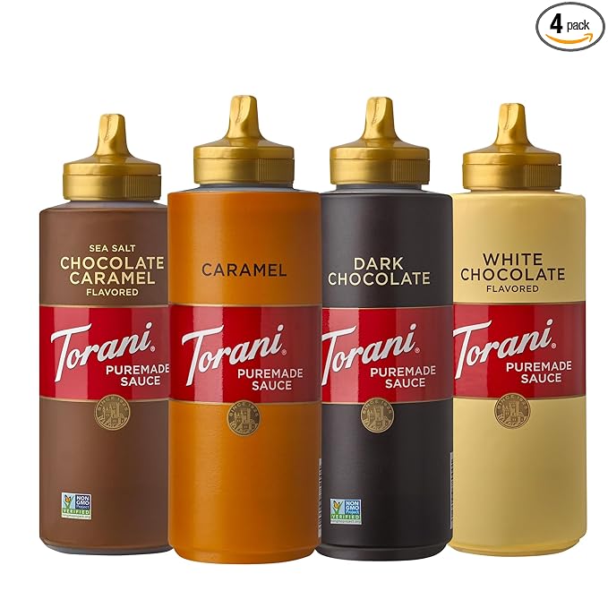 Torani Puremade Dessert &amp Drink Sauce Variety Pack Chocolate Caramel Dark Chocolate White Chocolate &amp Caramel 16.5 fl oz (Set of 4)