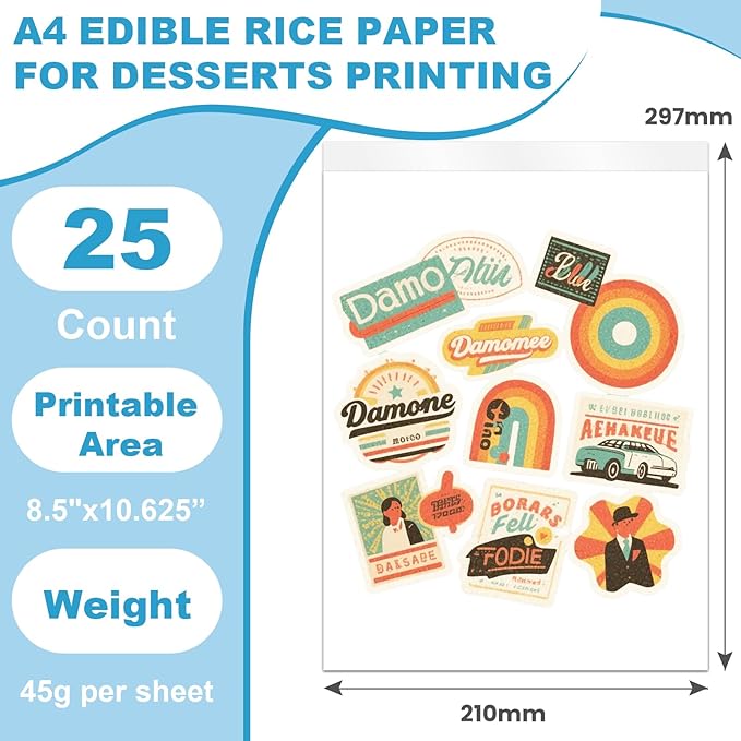 PatiFrussa 25 Count Edible Paper A4 11.7 x 8.3 Printable Frosting Sheets for Edible Printer Icing Sheets for Cakes Cupcakes and Cookies Professional Edible Image Paper