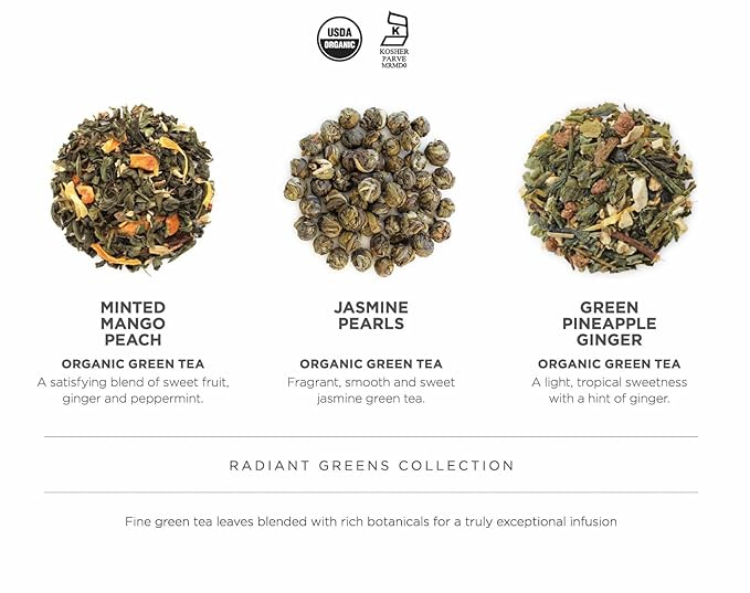 Teabloom Radiant Greens – Organic Green Tea Sampler with 12 Plant-Based Pyramid Sachets Jasmine Pearls Minted Mango Peach &amp Pineapple Ginger Gift-Ready Presentation Box for Tea Lovers