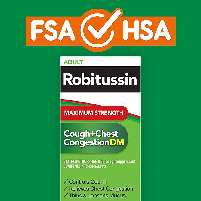 Robitussin Adult Maximum Strength Cough Plus Chest Congestion DM Max Cough Suppressant and Expectorant Raspberry Flavor 8 Fl Oz x 2