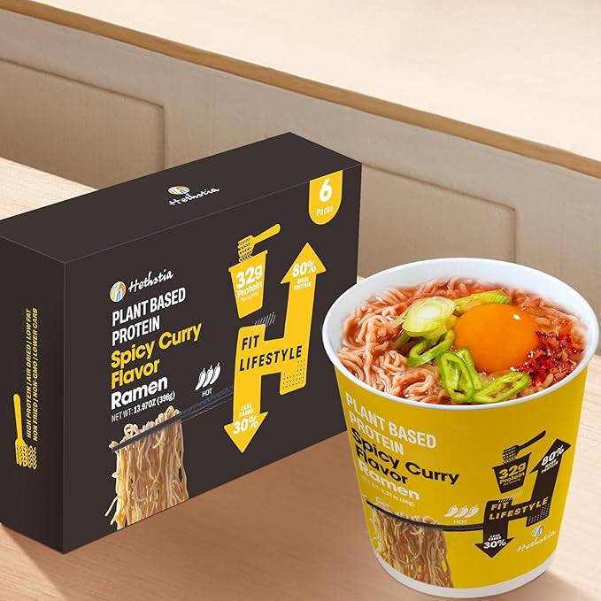 Hethstia Protein Ramen Spicy Curry Flavor 6-Pack Instant Noodle Soup 32g Plant-Based Protein Vegan Low Fat Non-GMO Healthy High Protein Ramen Meal