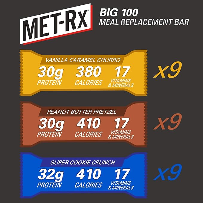 MET-Rx Big 100 Colossal Protein Bars Healthy Meal Replacement Snack Variety Pack 3.52 oz bars 9 Count (Pack of 3)