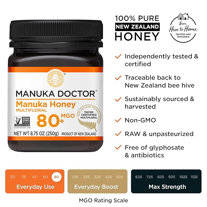 MANUKA DOCTOR - Manuka Honey MGO 80+ Multifloral &amp MGO 125+ Monofloral Value Bundle 100% Pure New Zealand Honey. Certified. Guaranteed. RAW. Non-GMO 2 x 8.75oz Pots