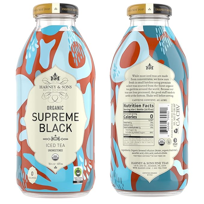 Harney &amp Sons Organic Supreme Black Unsweetened Iced Tea 16 oz Glass Bottles (Pack of 12)