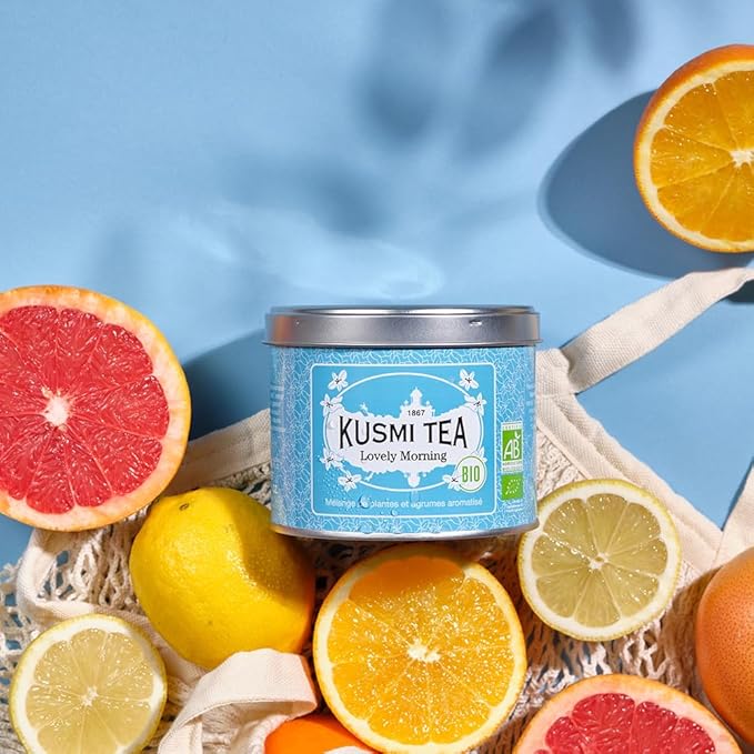 Kusmi Tea - Lovely Morning - Organic Blend of Green Tea Mate Lemon Guarana Grapefruit &amp Orange - Organic Flavored Green Tea - Loose Leaf Tea - Tin Box of 3.5 oz - Quantity for about 50 cups