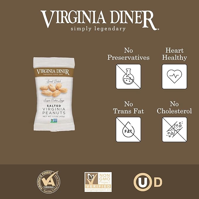 Virginia Diner XL Blister Roasted Gourmet Virginia Peanuts – All Natural Heart Healthy Plant-Based Protein 1.5oz (Pack of 25) Salted for Lunch Box or Snacking