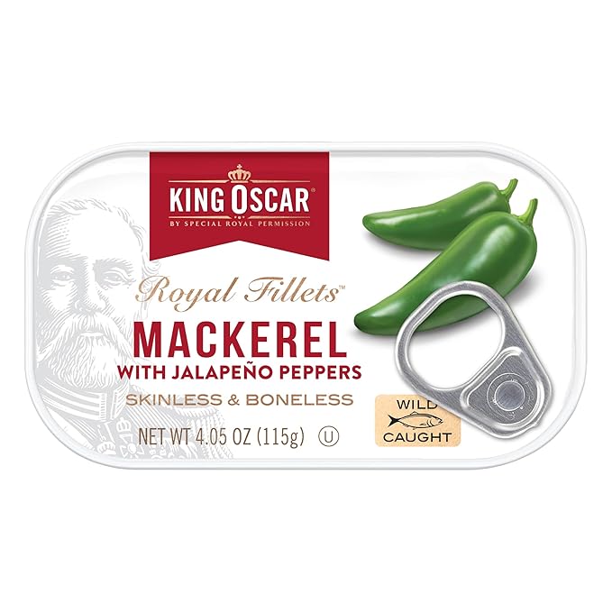 King Oscar Mackerel in Olive Oil with Jalapeño Peppers 4.05 Ounce Cans (Pack of 12 Packaging May Vary) Skinless &amp Boneless Wild Caught Canned Mackerel