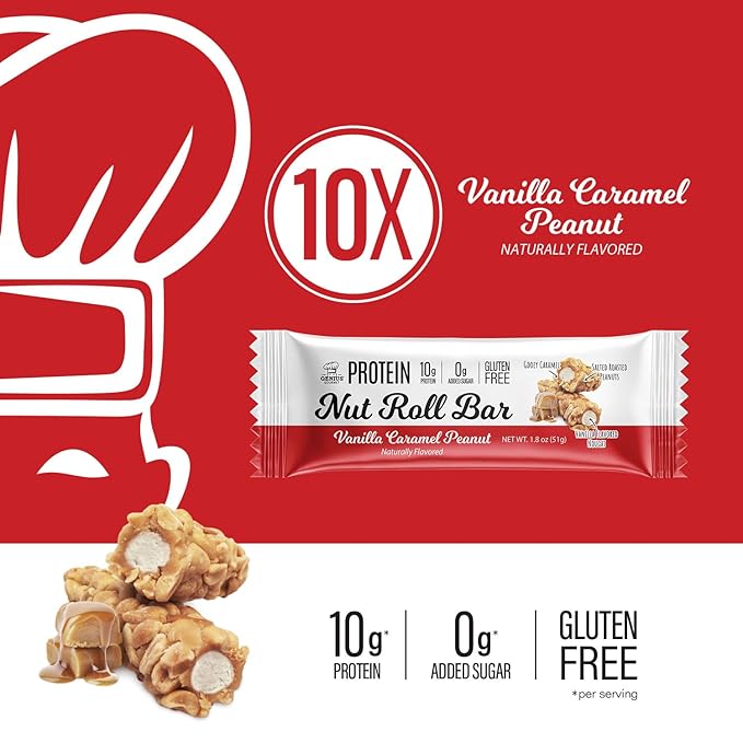 Genius Gourmet Nut Roll Bars Vanilla Caramel Peanut – 10g Protien Zero Added Sugar Gluten Free Non-GMO – Sweet Snack &amp Dessert for Adults and Kids – 10 Ct Box
