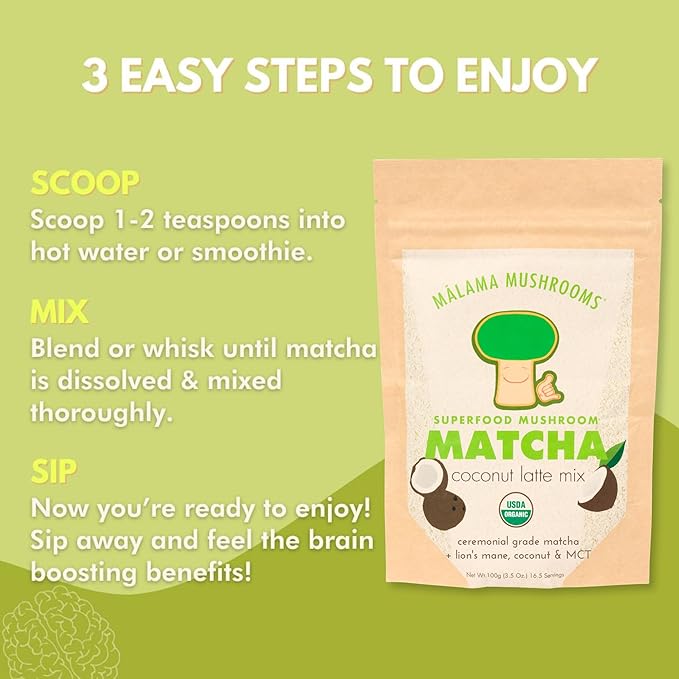 Malama Ceremonial Grade Matcha Coconut Latte Powder – Premium Japanese Matcha Green Tea Powder with Organic Lion’s Mane – Organic Gluten-Free Vegan &amp Unsweetened (3.5 oz) for Energy &amp Focus