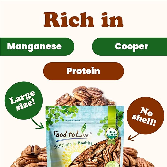 Food to Live Organic Pecan Halves 3 Pounds – Non-GMO Kosher Raw Pecan Nuts Unsalted Vegan Kosher Shelled Sirtfood Bulk. Good source of Calcium and Zinc. Great for Pecan Pie Salads Mixes