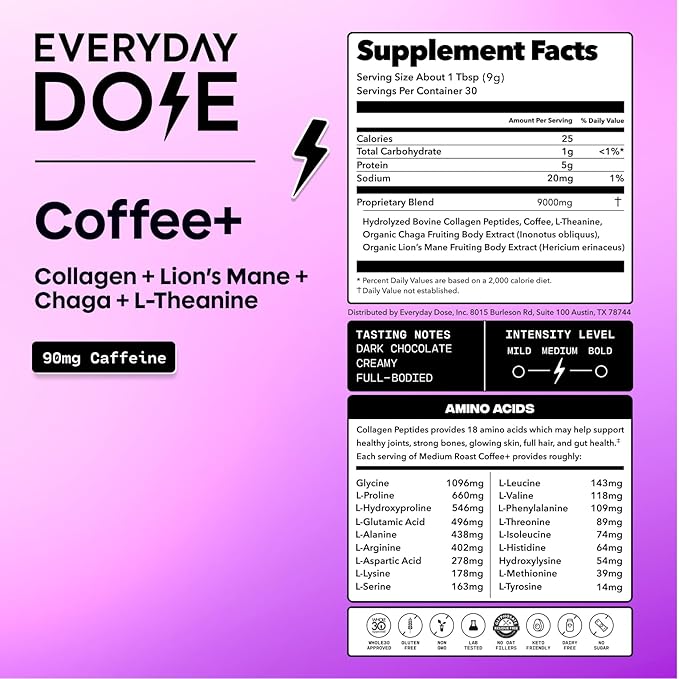 Everyday Dose Bold Medium Roast Mushroom Coffee 90mg Caffeine per serving with Grass-Fed Collagen Chaga Lions Mane &amp L-Theanine for Better Focus Energy Digestion Skin and Immunity 30 Serving