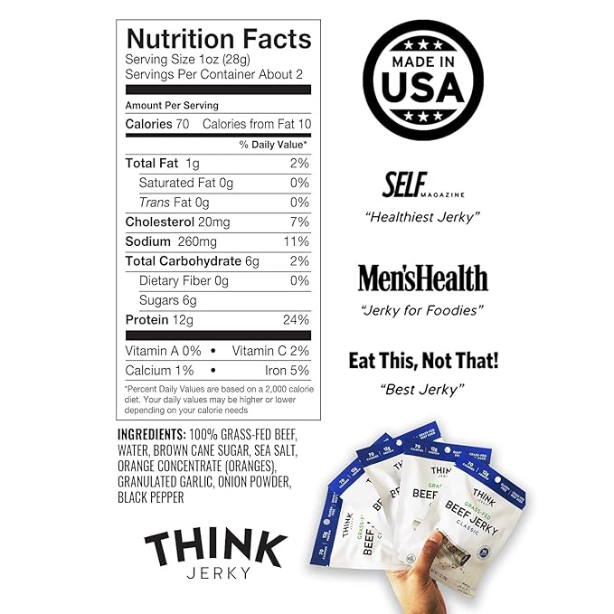 Think Jerky Classic Beef Jerky Grass-Fed High Protein Beef Jerky Gluten Free No Antibiotics or Nitrates Healthy Chef Crafted Recipe Low Calorie and Low Fat - 2.2 oz Bags 4 Pack