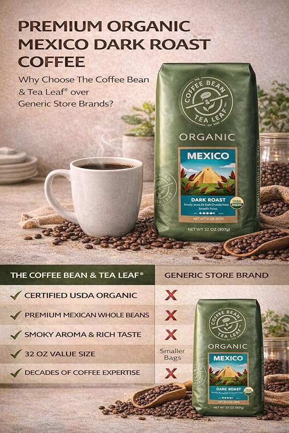 Organic Mexican Coffee Beans - Dark Roast Whole Bean Arabica - 32oz Premium Single Origin - Smoky Aroma &amp Dark Chocolate Notes - Gourmet Coffee