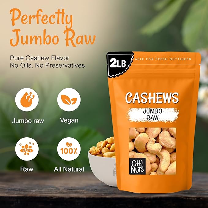 Oh! Nuts Raw Whole Unsalted Cashews - Raw - 100% Natural - 2 lb - Jumbo Cashews - Packed in New York Zip-Seal Bag for Exceptional Freshness