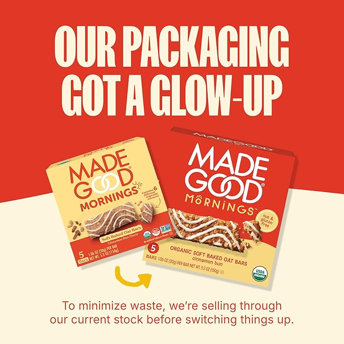 MadeGood Mornings Soft Baked Breakfast Bars Cinnamon Bun 1.06 Oz (30 Count) Gluten Free Snacks