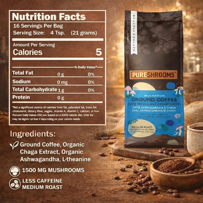 Mushroom Ground Coffee with Organic Ashwagandha Chaga L-theanine - Medium Roast 100% Arabica Beans - Adaptogenic Support for Balance &amp Immunity - (12 oz/340g)