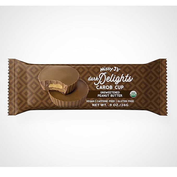 Missy J's Carob Dark Delights Unsweetened Peanut Cup .9 Oz 12 Pack. Vegan Gluten Free Substitute for chocolate Perfect for Snacks and Treats