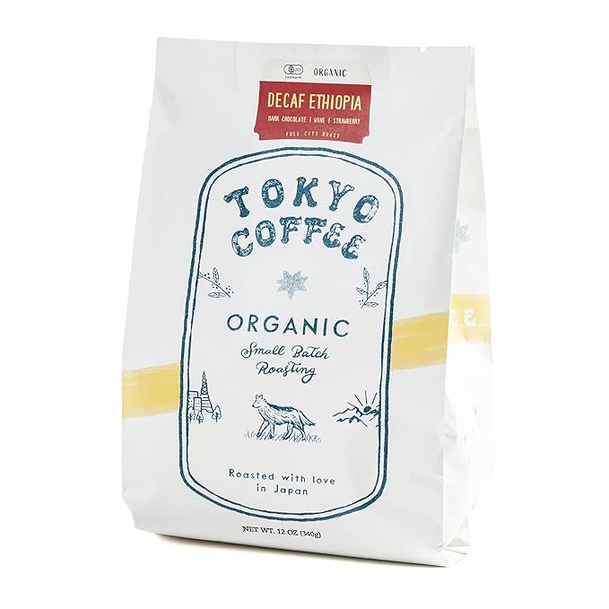 TOKYO COFFEE Organic Decaf Ethiopian Coffee Beans – 12 oz Whole Bean Medium Dark Roast (Full City) Mountain Water Process Sidamo Guji Dark Chocolate Smooth &amp Balanced Flavor