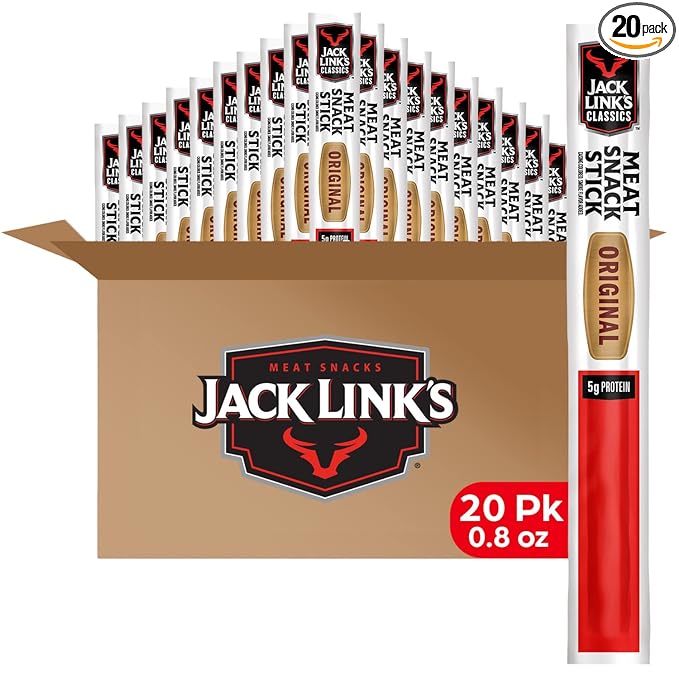 Jack Link's Classics Meat Sticks Original - Protein Snack Meat Snack Sticks with 5g of Protein Made with Beef &amp Pork Keto Friendly Individually Wrapped - 0.8 Oz. (Pack of 20)