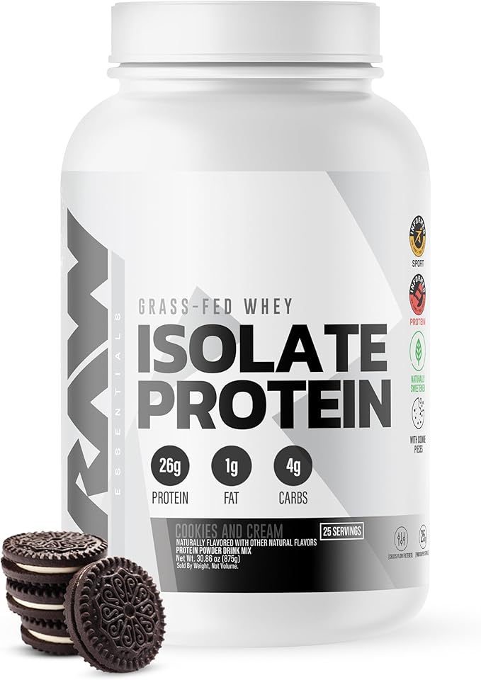 RAW Whey Isolate Protein Powder Cookies N Cream - 100% Grass-Fed Sports Nutrition Protein Powder for Muscle Growth &amp Recovery - Low-Fat Low Carb Naturally Flavored &amp Sweetened - 25 Servings