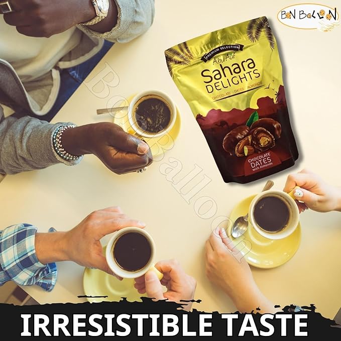 Abu Auf Semi Dry Dates Without Seed Stuffed With Almond Coated With Chocolate Sahara Delights Delicious Finest Natural Tamr Free From Genetically Modified Fresh Kosher Halal (1 Pack = 10.58 oz)