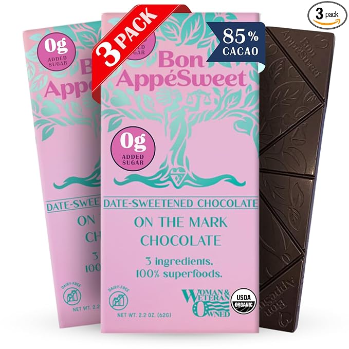 Bon Appesweet Date Sweetened Chocolate Bar - Healthy Dark Chocolate | On The Mark Chocolate | 2.2 Ounce (Pack of 3) | Organic Zero Added Sugar 85% Cacao Plant Based Dairy Free and Guilt Free!