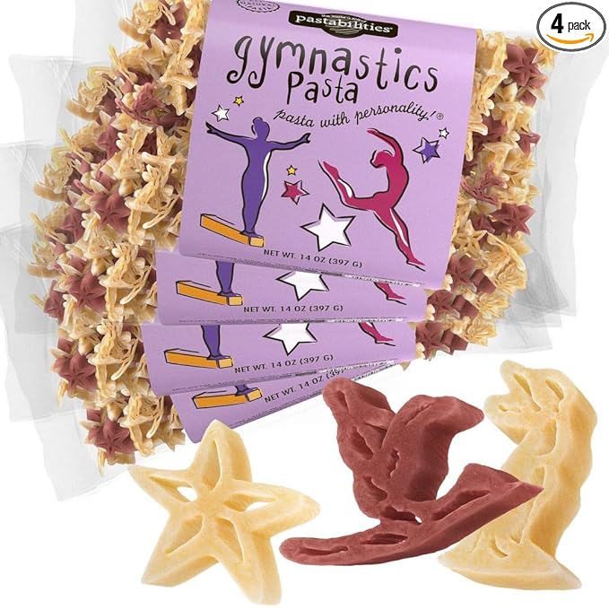 Pastabilities Fun Shaped Pasta for Kids - Gymnastics - Gymnast Sport Theme Non-GMO Natural Wheat and Vegetable Pasta All-Natural Kosher Certified Made in the USA (4 Pack 14 Oz)