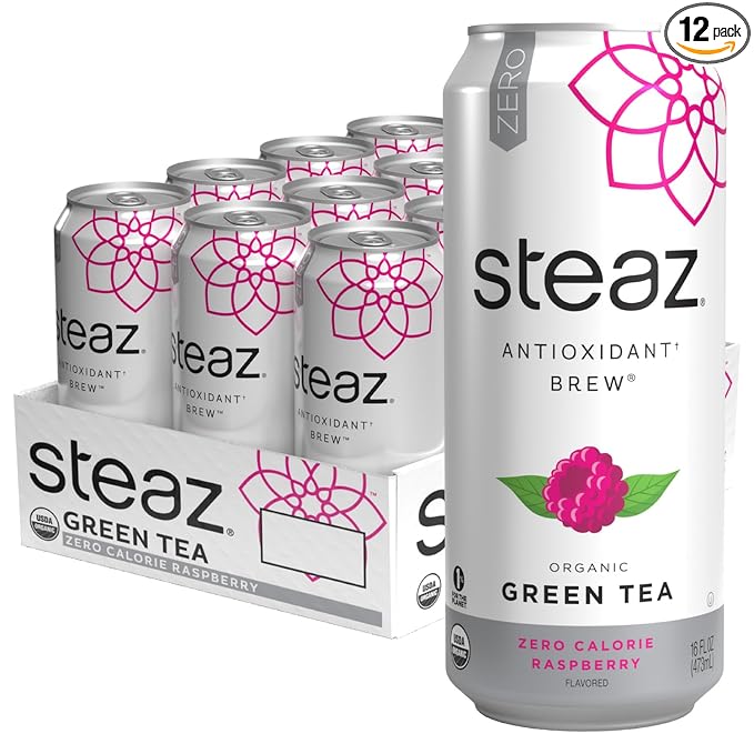 Steaz - Organic Green Tea - Zero Calorie Raspberry (12 Pack) - Antioxidant Brew - 65mg Natural Caffeine Vitamin C - Stevia Sweetened Iced Tea - Vegan Fair Trade - 12 Cans 16 fl oz (473mL)