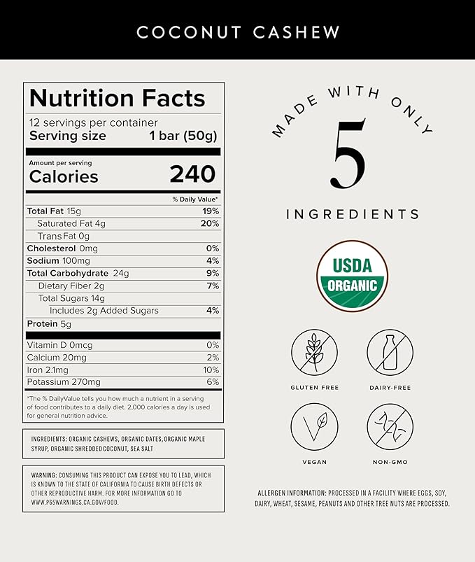 Truvani Plant Based Snack Bars | Coconut Cashew 12 Pack | 5g Protein | USDA Organic and Vegan | The Only Bar | Dairy Soy and Gluten Free | Individually Wrapped