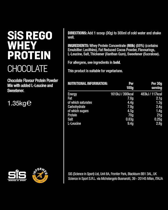 Science in Sport REGO Whey Powder - Whey Protein Powder for Muscle Support in Elite Athletes - 22g Protein - 2.8g L-Leucine - Sports Nutrition - Chocolate Flavor - 48oz