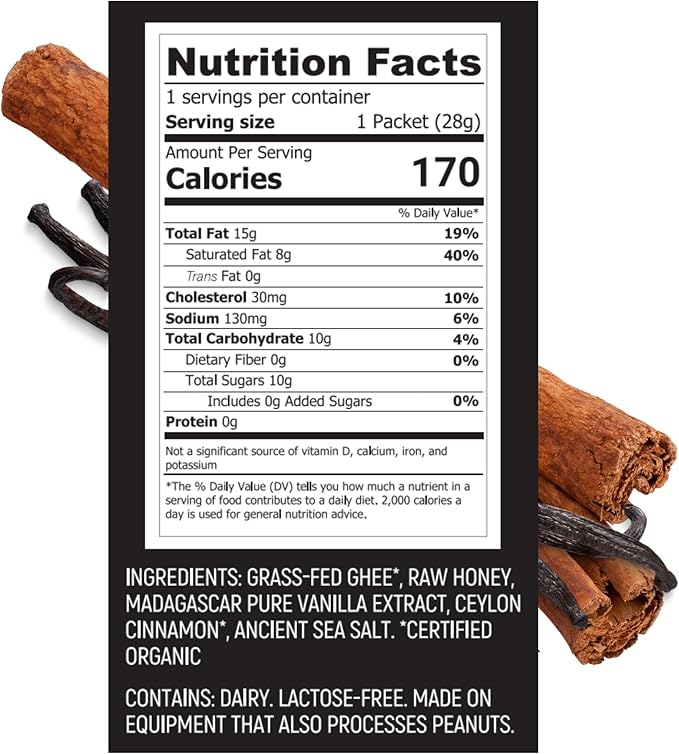 Ancestral Energy Vanilla Cinnamon Pack | Organic Grass-Fed Ghee &amp Raw Honey Blend | Animal-Based Energy Boost for Athletes | Hiking Cycling Running Backpacking | Healthy Snack (Pack of 6)