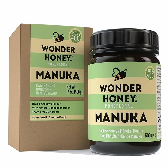 Wonder Honey Raw Manuka Honey New Zealand MGO400 (13+) Tested for 26 Markers Traceable Natural Soothing for Sore Throat Cough - Aids Digestion - Triple Sealed for safety in a Protective Box (1.1lb)