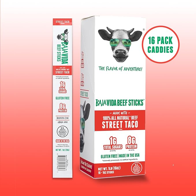 Baja Beef Sticks - Jerky Meat Sticks Healthy Meat Snacks for Adults High Protein Individually Wrapped 100% All Natural Beef Gluten Free Made in the USA - Street Taco 1 Oz (Pack of 16)