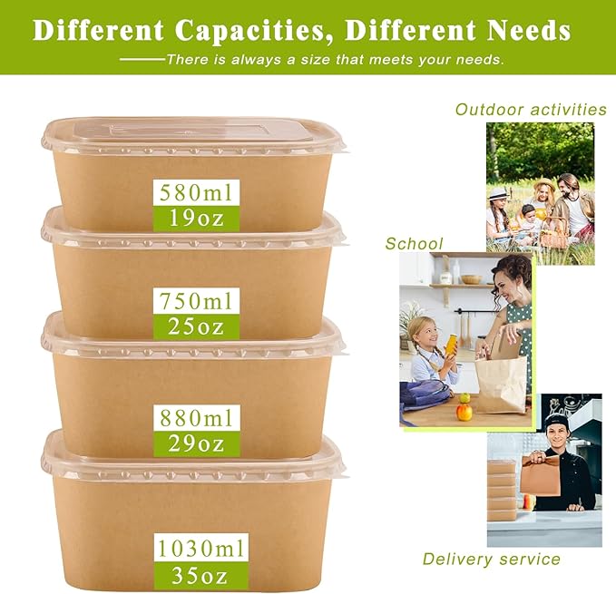 MINCOCO 50 Count Paper Bowls Disposable Meal Prep Containers with Lids【Includes 50 Wooden Forks + 100 Labels】 Salad Food Containers Freezer &amp Microwave Safe Leakproof Soup Bowls (19 Ounce 50-Coun