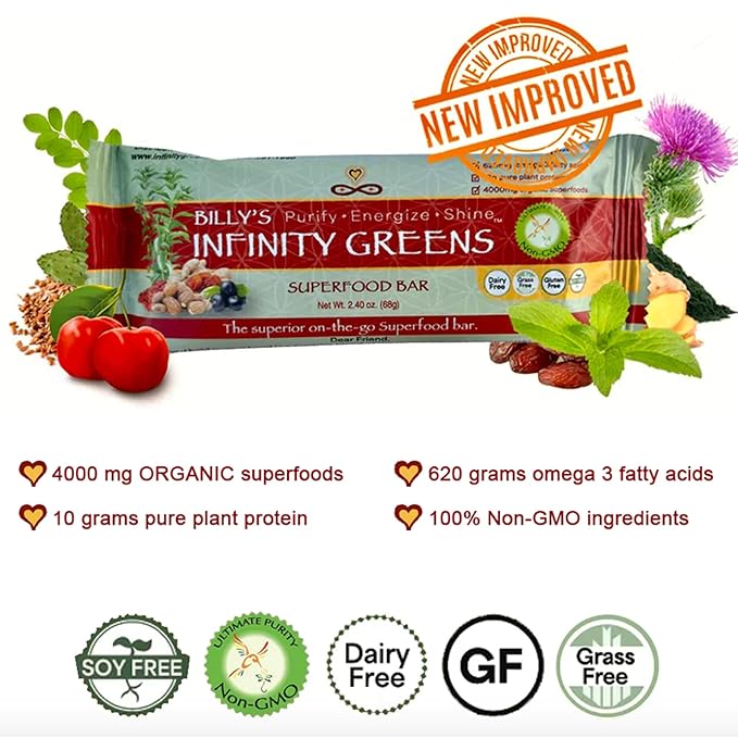 Infinity Greens Superfood Bars Plant Based Meal Replacement Bar with 4000mg Infinity Greens Superfood Powder Organic Raw Gluten Free Non GMO (12 Bars)