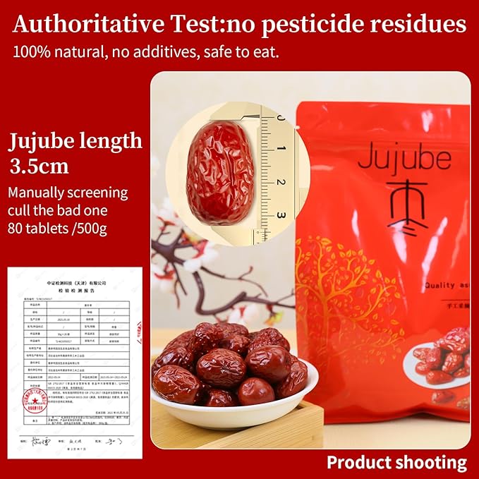 Baihuatang Chinese Jujube Dates 500g (1.1LB) dried red date High Grade Dried Red Dates Fruit Jujubes Healthy Dried Fruit Superfood Snack No Preservatives Vegan Kosher Sweet Crispy Small Core 红枣 大枣