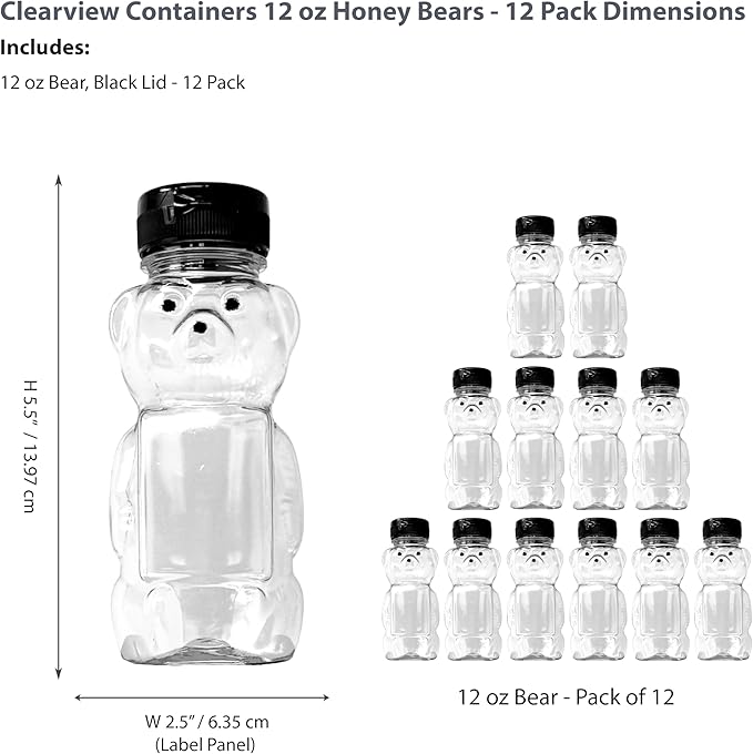 12 Ounce Clear Plastic Squeezable Honey Bears with Sealable Flip Top Lids - BPA Free Hand Wash Only (Black 12 Pack)