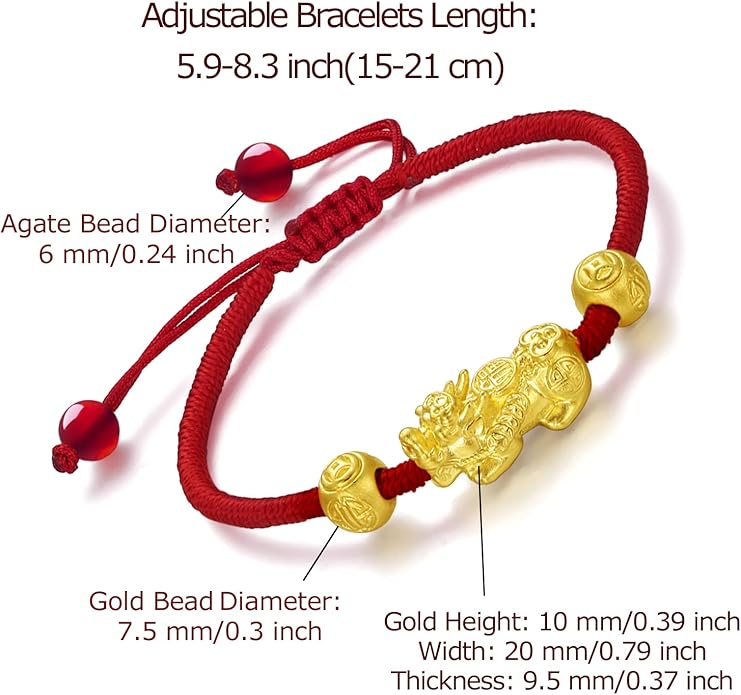 24K Solid Gold Bracelet for Women Real Pure Gold Jewelry Dainty Fortune Pixiu Ball Dragon Turtle Adjustable Red Black Braided Bracelet Her Men Mom