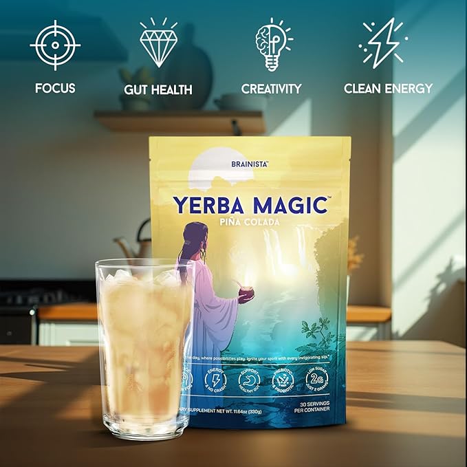 Yerba Magic – Yerba Mate Tea Instant Powder Super Drink with Nootropics Prebiotics &amp Probiotics – Clean Energy Mental Clarity &amp Gut Wellness | Low Sugar Natural Caffeine – Pina Colada 30 S