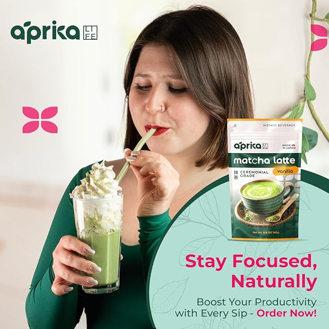 AprikaLife Matcha Latte Powder Premium Barista Crafted Mix with Natural Vanilla Flavor - Authentically Japanese - 1st Harvest Ceremonial Grade Sweet Matcha Powder Used by Coffee Shops 6.8 oz / 180g