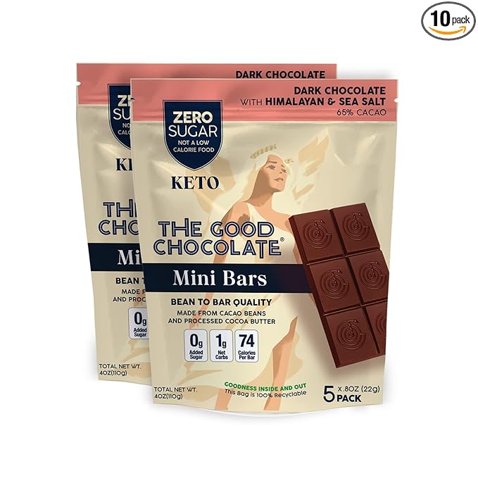 THE GOOD CHOCOLATE - Mini Himalayan Salt Chocolate Bars with Zero Sugar &amp Lower Net Carb - Keto Chocolate Bar Offers Lower Calorie Chocolate Candy - All Natural Non-GMO (Pack of 10)