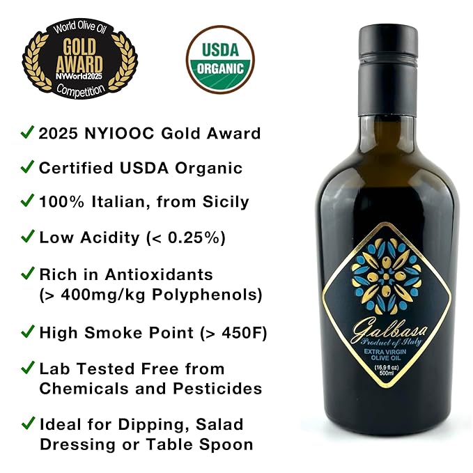 Galbasa - Organic Olive Oil from Sicily Italy - Extra Virgin First Cold Pressed Early Harvest - Polyphenol Rich Peppery Finish No Pesticides - 16.9 fl oz